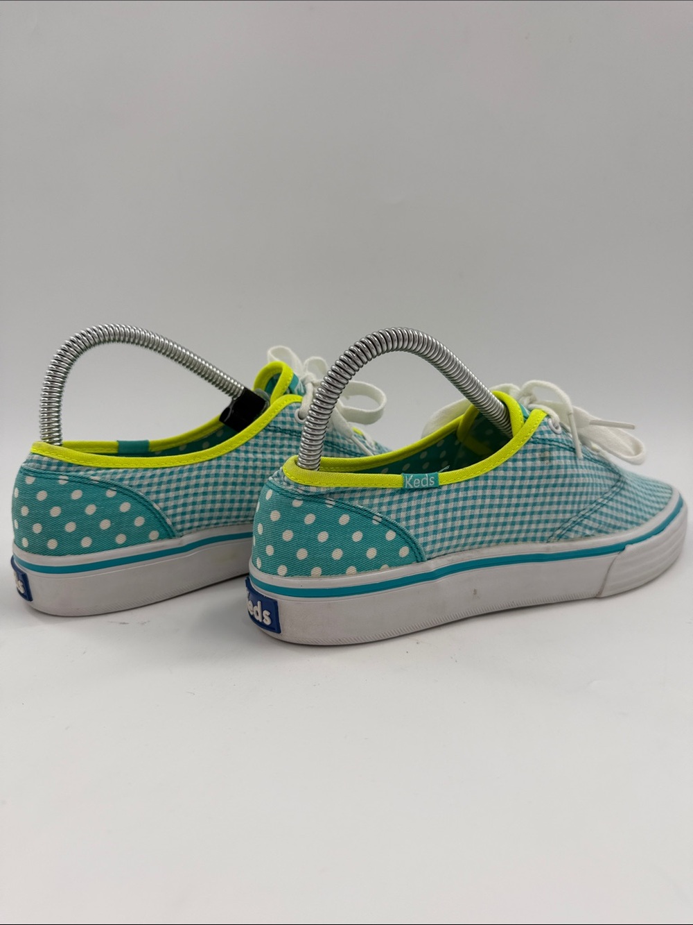 Keds Double Dutch Teal Polka Dot & Gingham Sneakers Neon Lime Trim Women's 6.5 - Picture 11 of 16